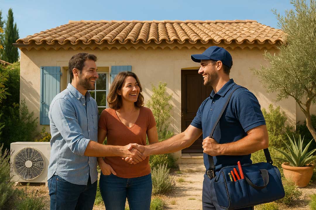 Clients satisfaits serrant la main d’un technicien AES Clim 82 devant leur maison