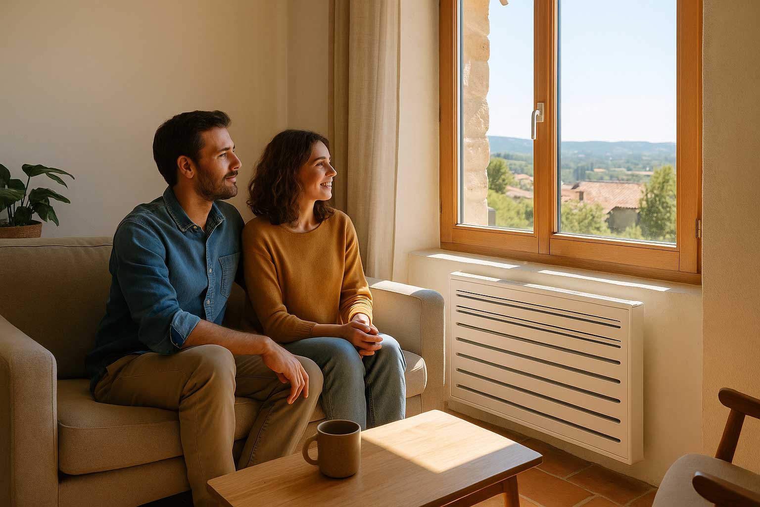 Couple profitant du confort d’un chauffage bien entretenu dans le Sud-Ouest.