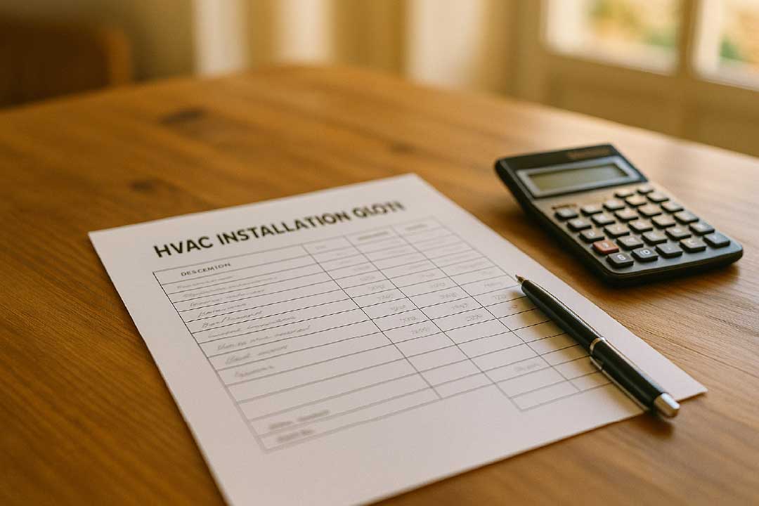 Devis détaillé pour une installation de climatisation posé sur une table en bois