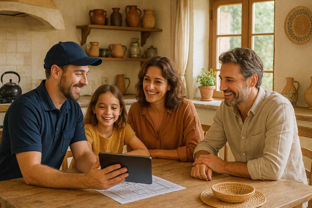 Expert AES Clim 82 discutant avec une famille dans une maison du Sud de la France