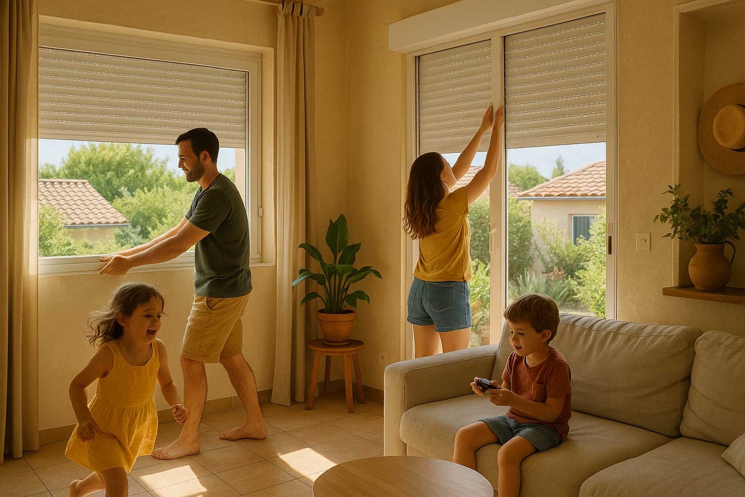 Famille fermant les volets pour garder la fraîcheur dans une maison à Montauban