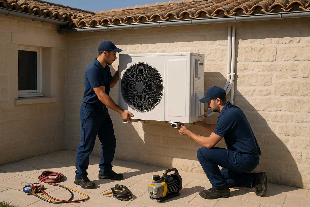 Équipe installant une pompe à chaleur à l’extérieur d’une villa dans le Sud de la France