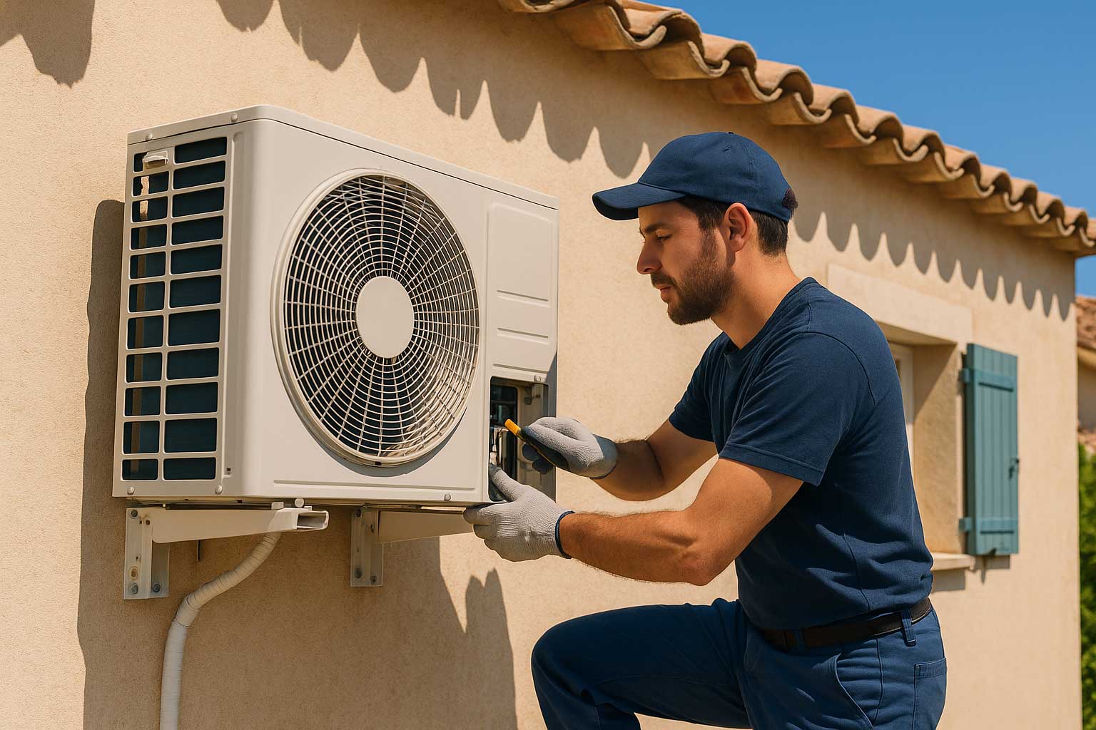 Technicien AES Clim 82 vérifiant une unité extérieure de climatisation