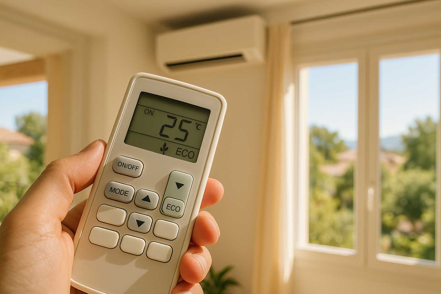 Télécommande de climatisation réglée en mode éco dans un intérieur lumineux