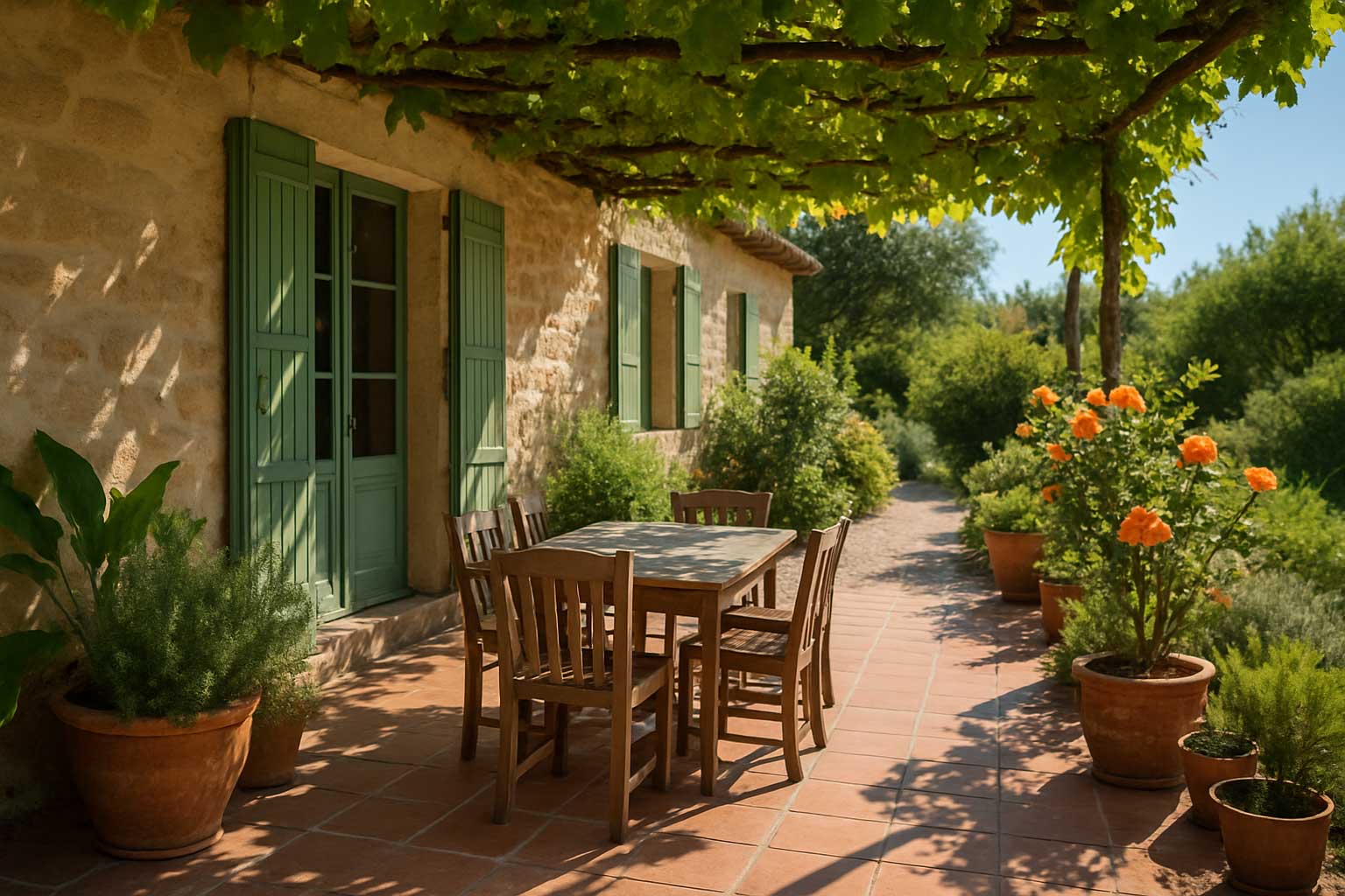 Terrasse ombragée d’une maison du sud de la France pour limiter la chaleur