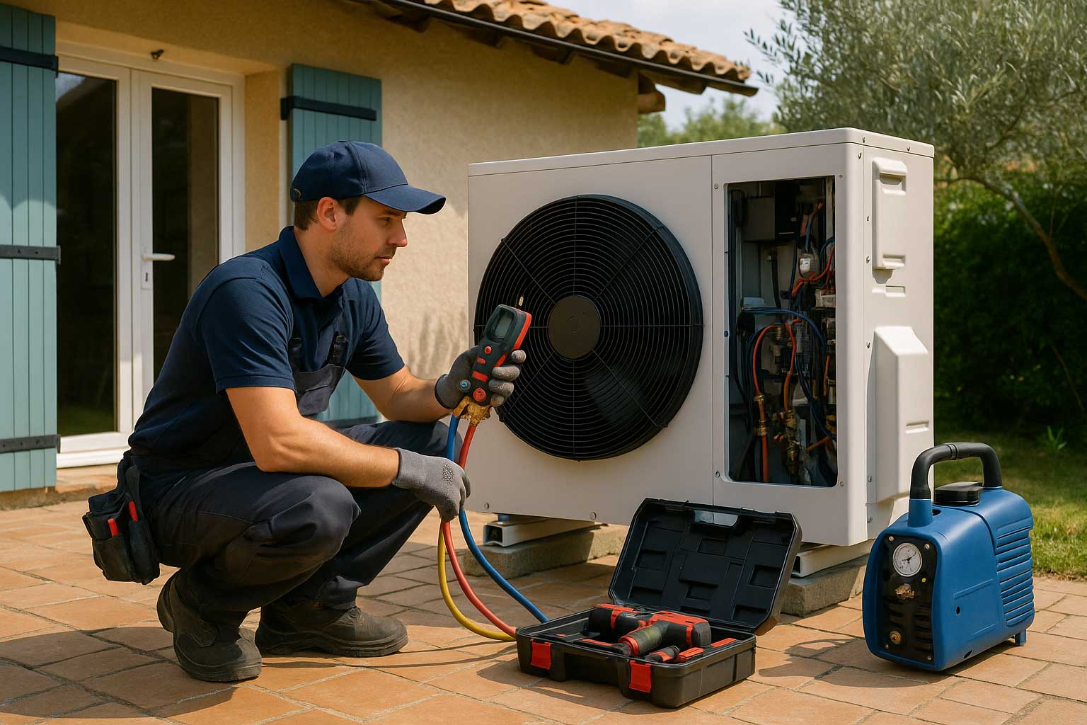 Entretien d’une pompe à chaleur par un technicien AES Clim 82