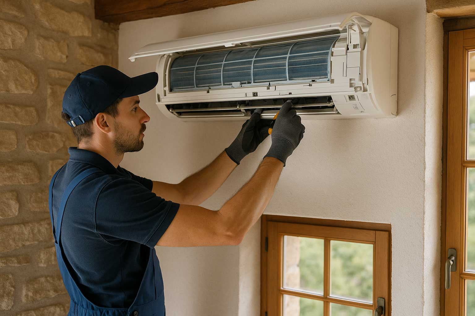 Entretien d’une climatisation murale par un technicien à Cahors