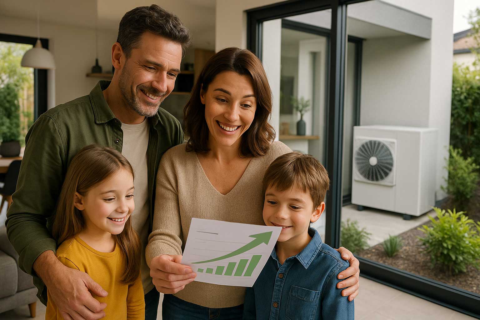 Famille heureuse devant une facture de chauffage réduite