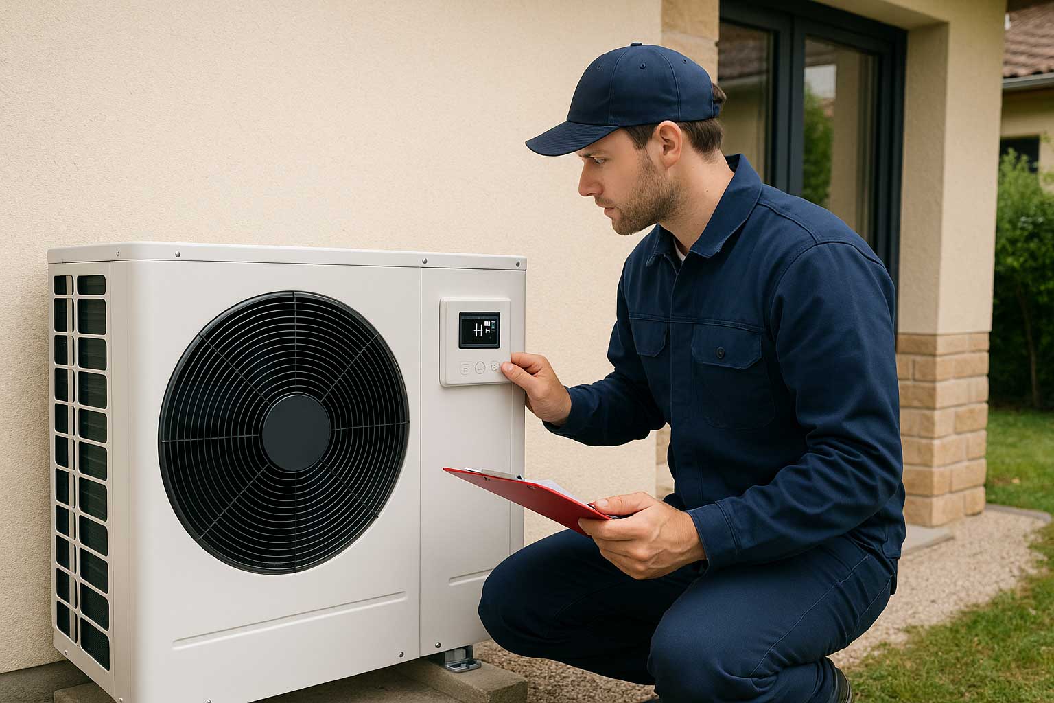 Installateur AES Clim 82 effectuant l’entretien d’une pompe à chaleur air/eau