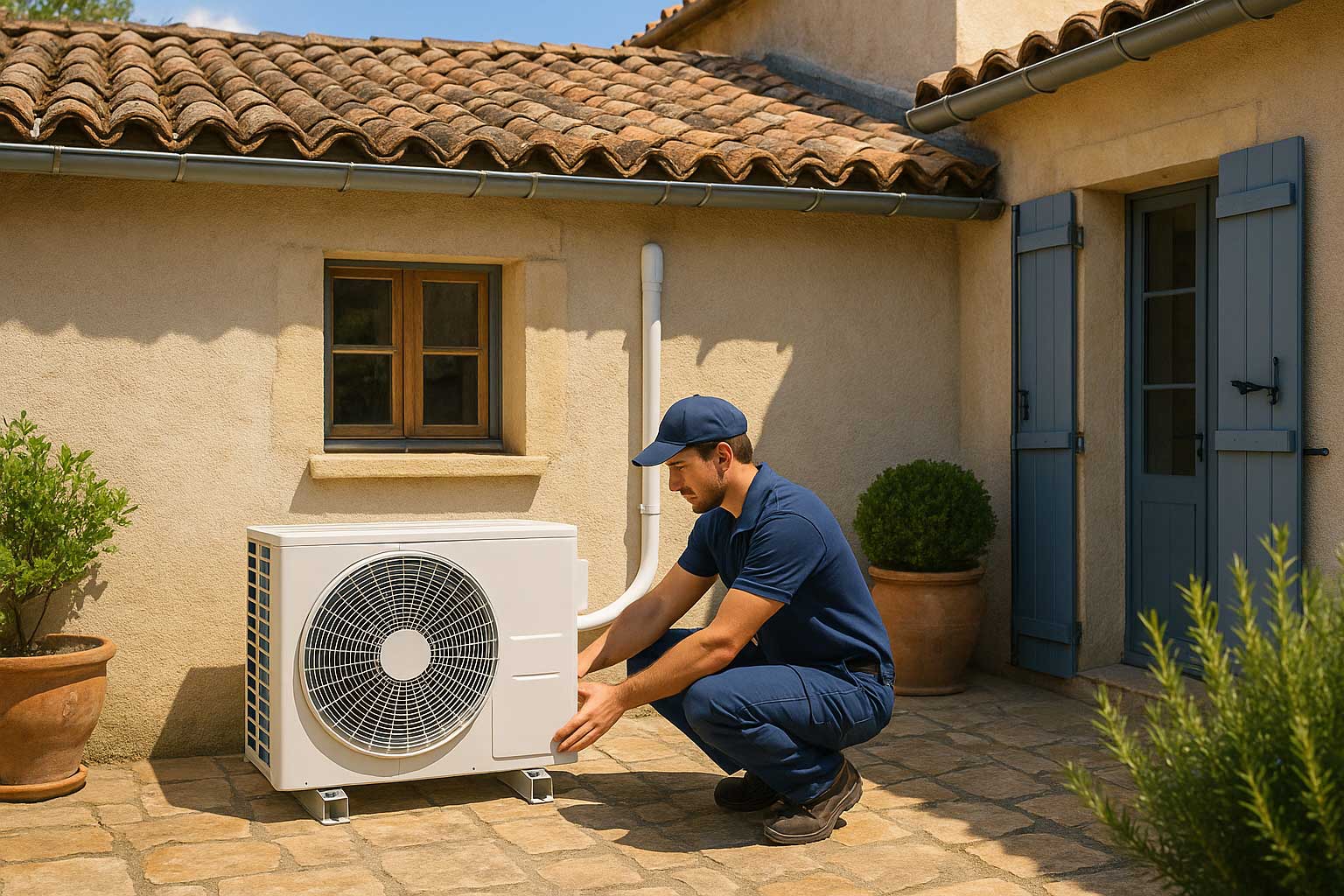 Technicien installant une unité extérieure de climatisation à Cahors