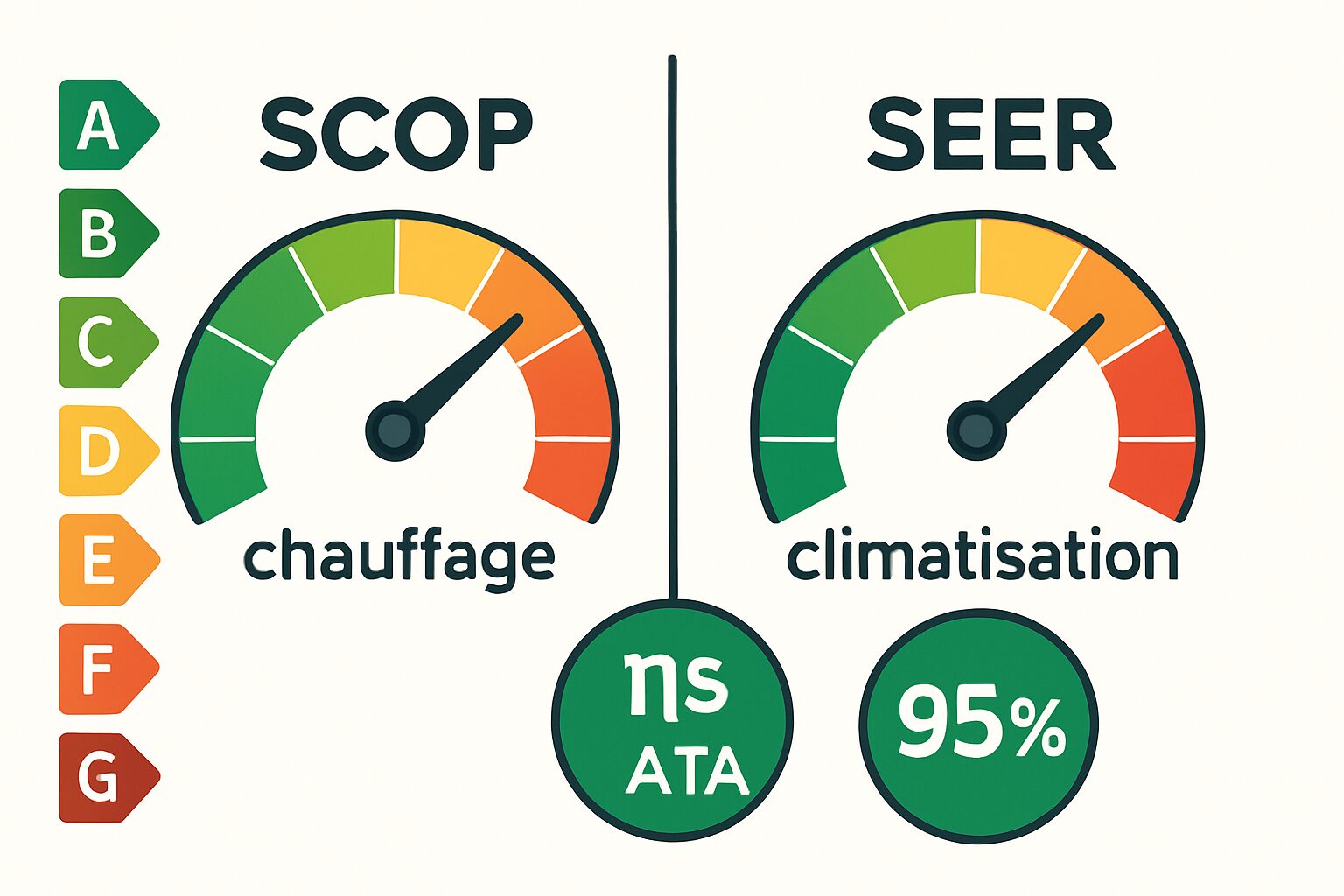 Infographie SCOP, SEER et ETAS avec étiquette énergie