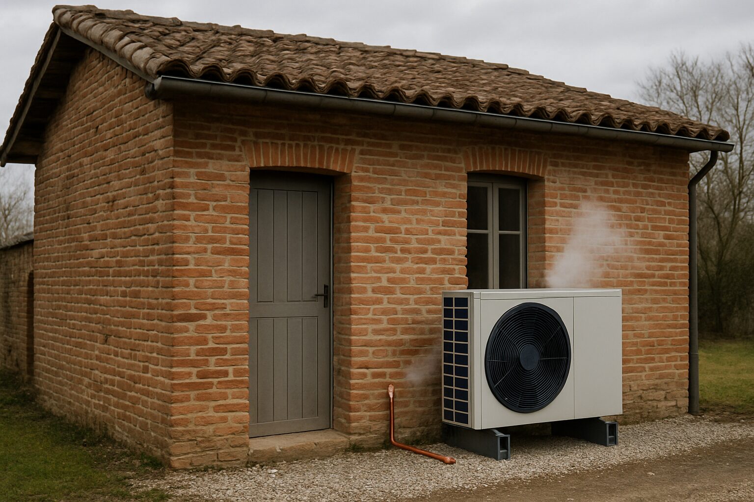 Maison briques du 82 avec PAC en fonctionnement par temps froid