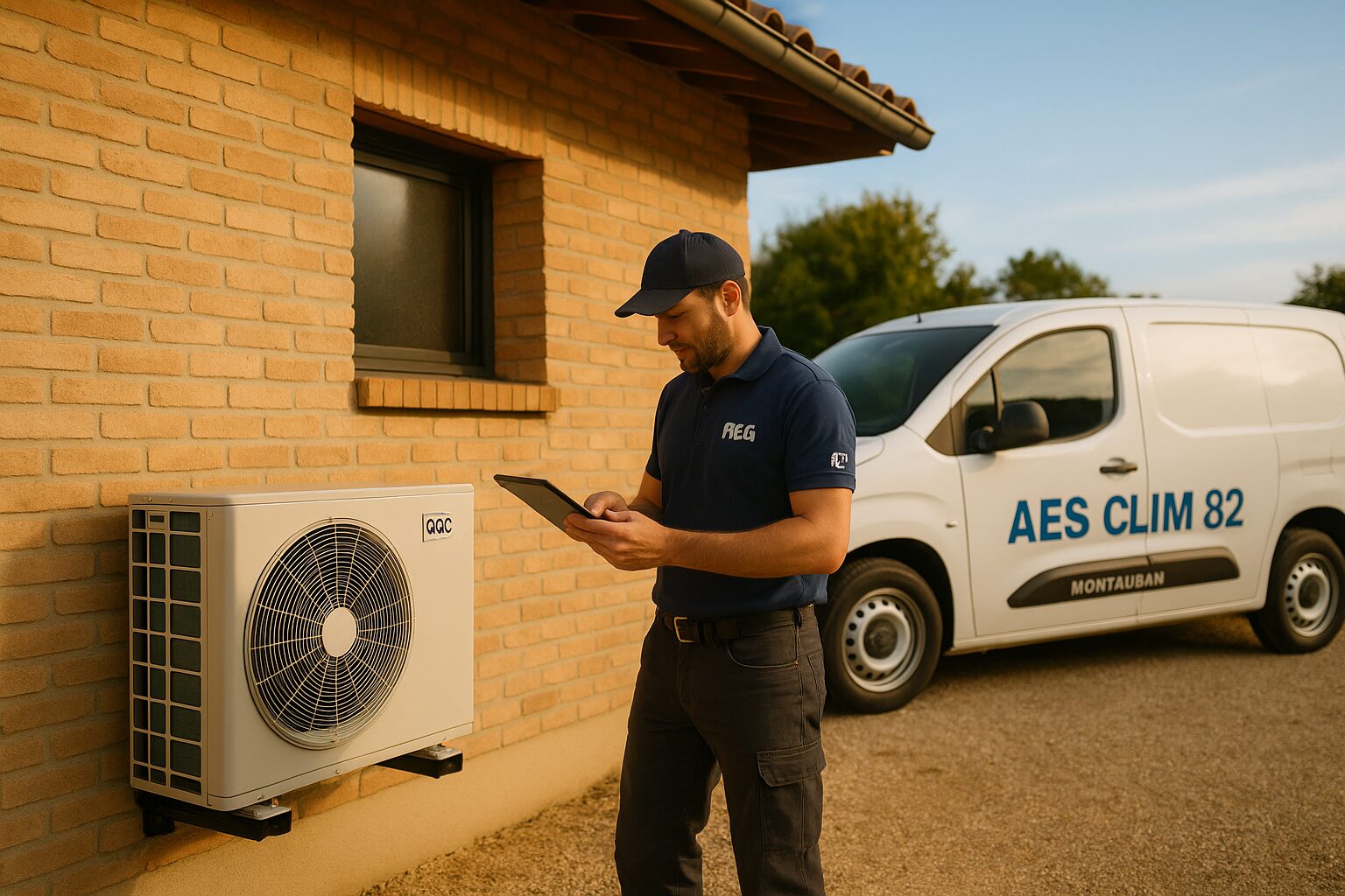 Maison à Montauban avec pompe à chaleur et technicien AES Clim 82 RGE en contrôle.