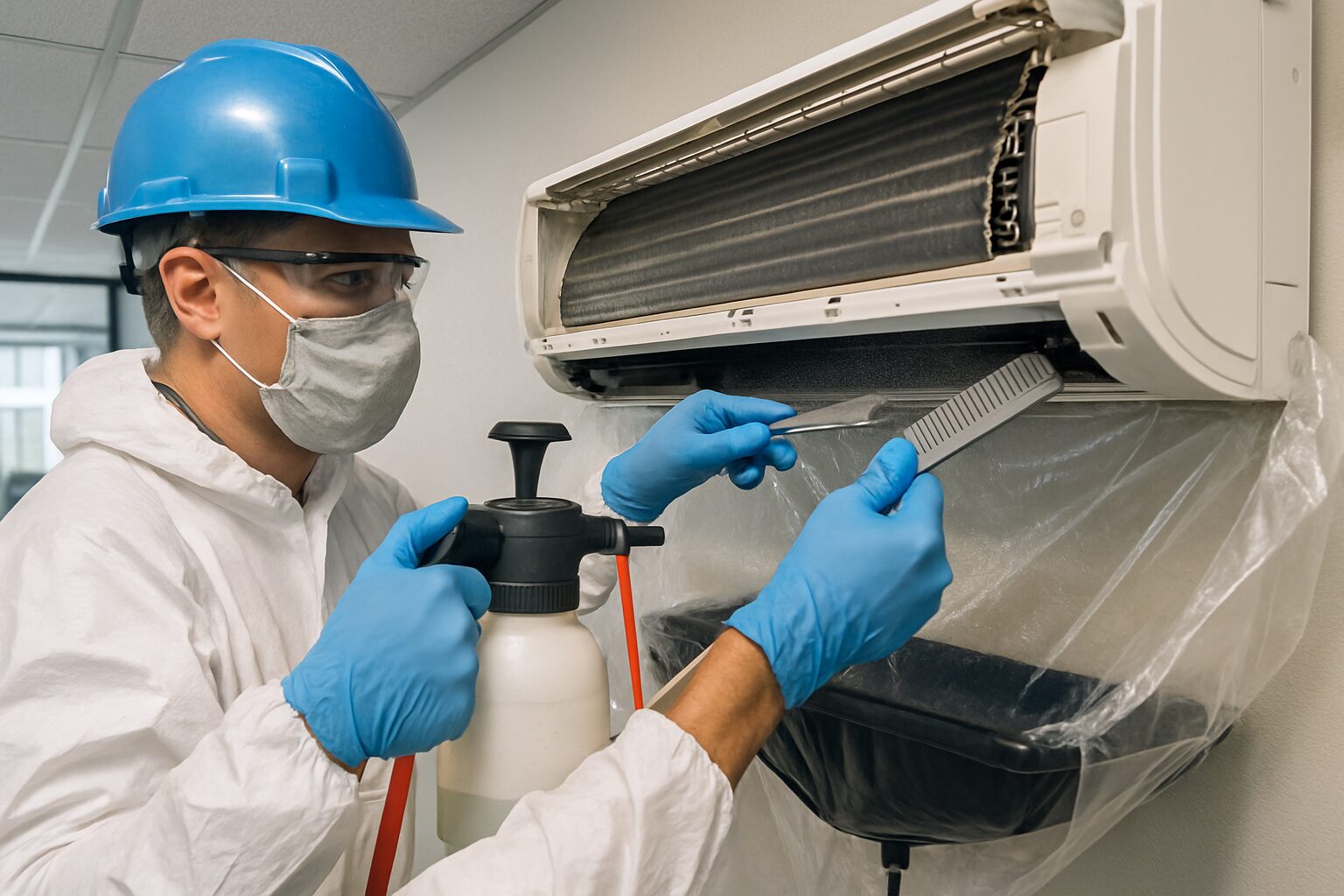 Nettoyage professionnel de l’unité intérieure d’un bureau – protection et désinfection des échangeurs