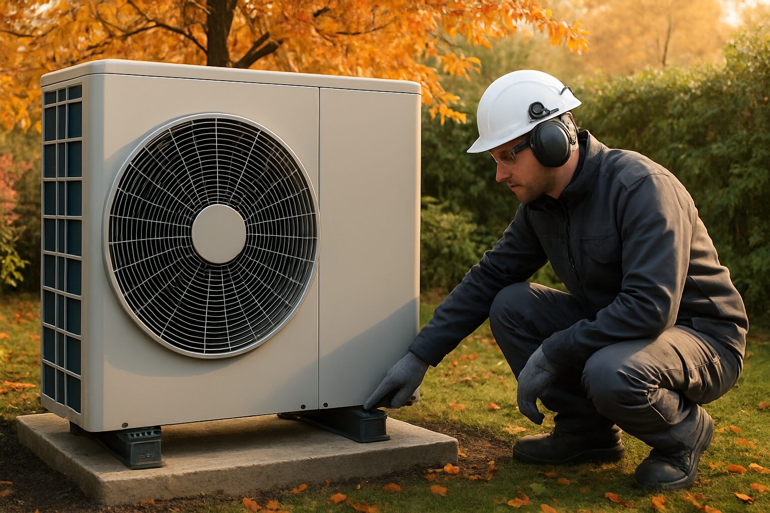 Unité extérieure de PAC dégagée des feuilles avant l’hiver à Montauban