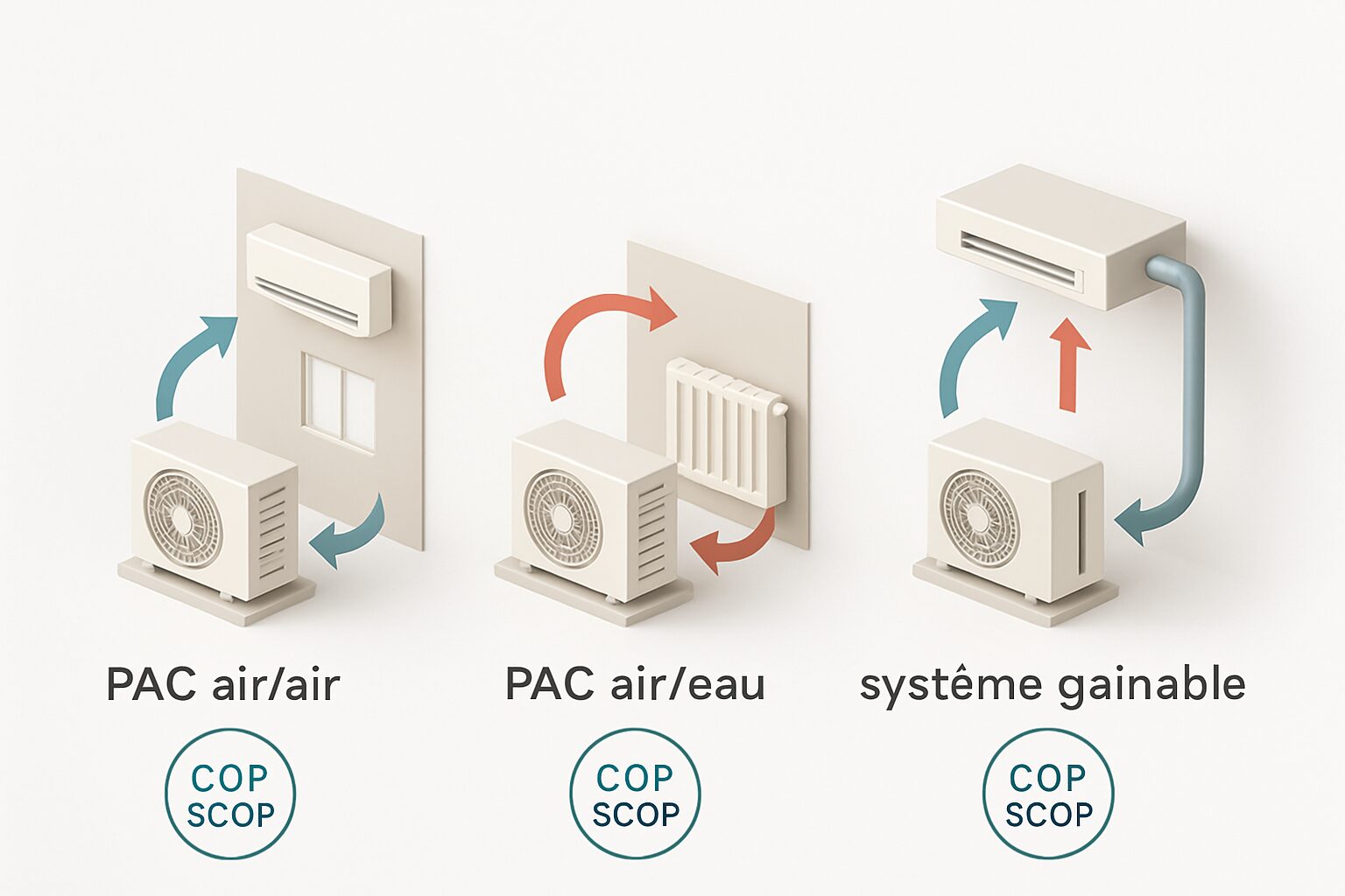 Schéma comparatif des technologies PAC : air/air, air/eau et gainable.