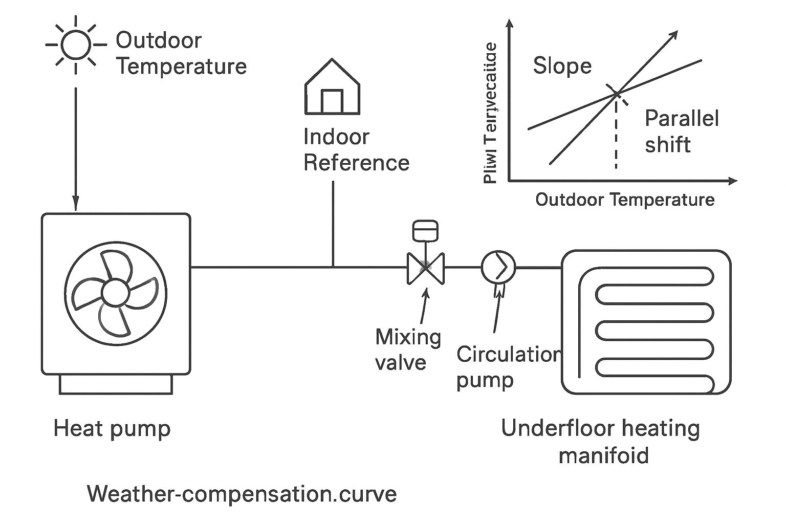 Schéma PAC + plancher chauffant et principe de loi d’eau