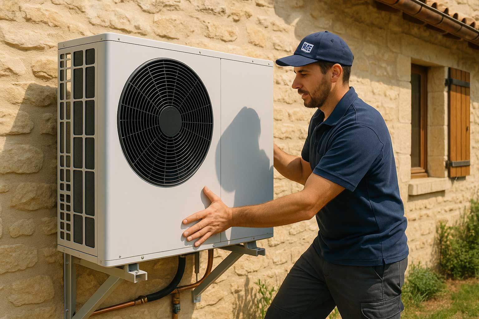 Installateur RGE posant une pompe à chaleur dans le Lot.