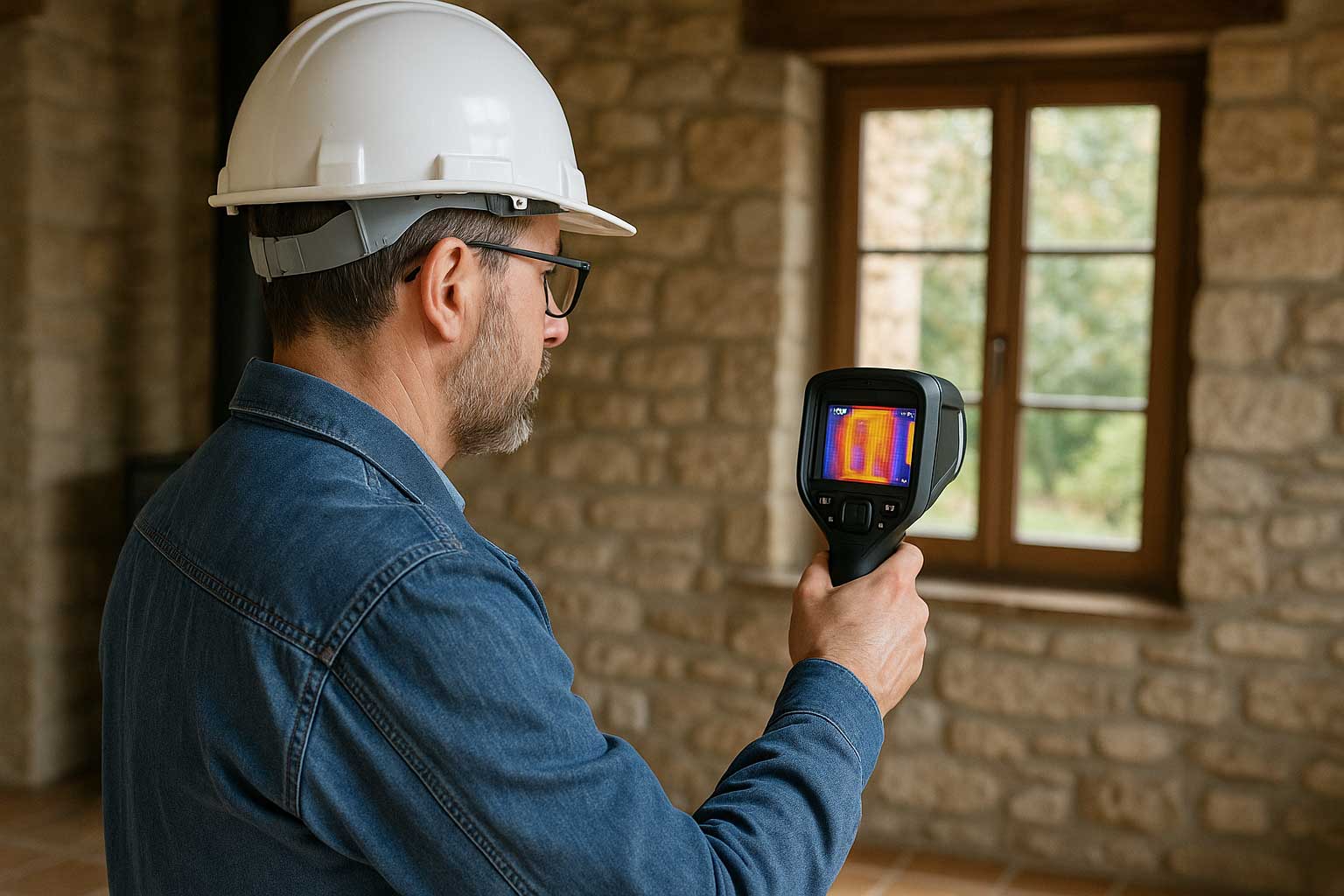 Technicien utilisant une caméra thermique pour un audit énergétique à Montauban.