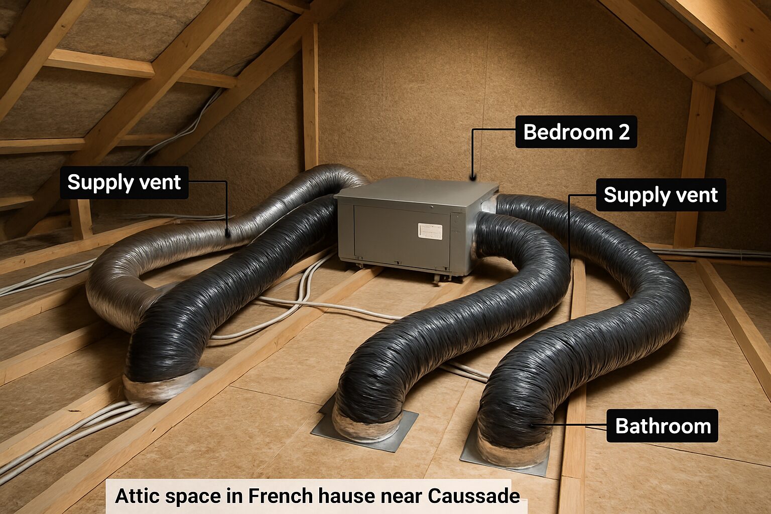 Réseau de gaines isolées en combles pour clim gainable à Caussade