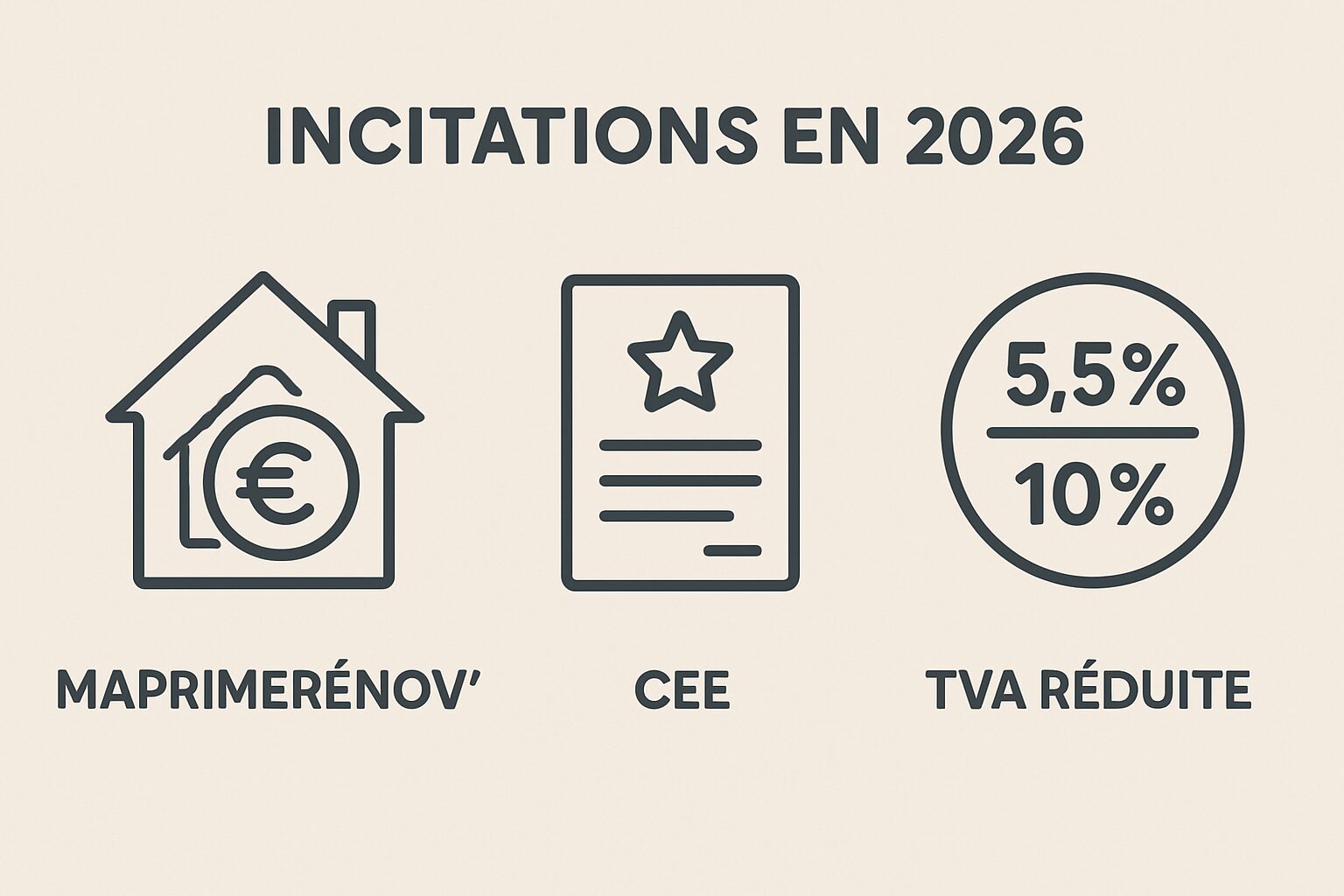 Infographie comparant MaPrimeRénov’, CEE et TVA réduite en 2026
