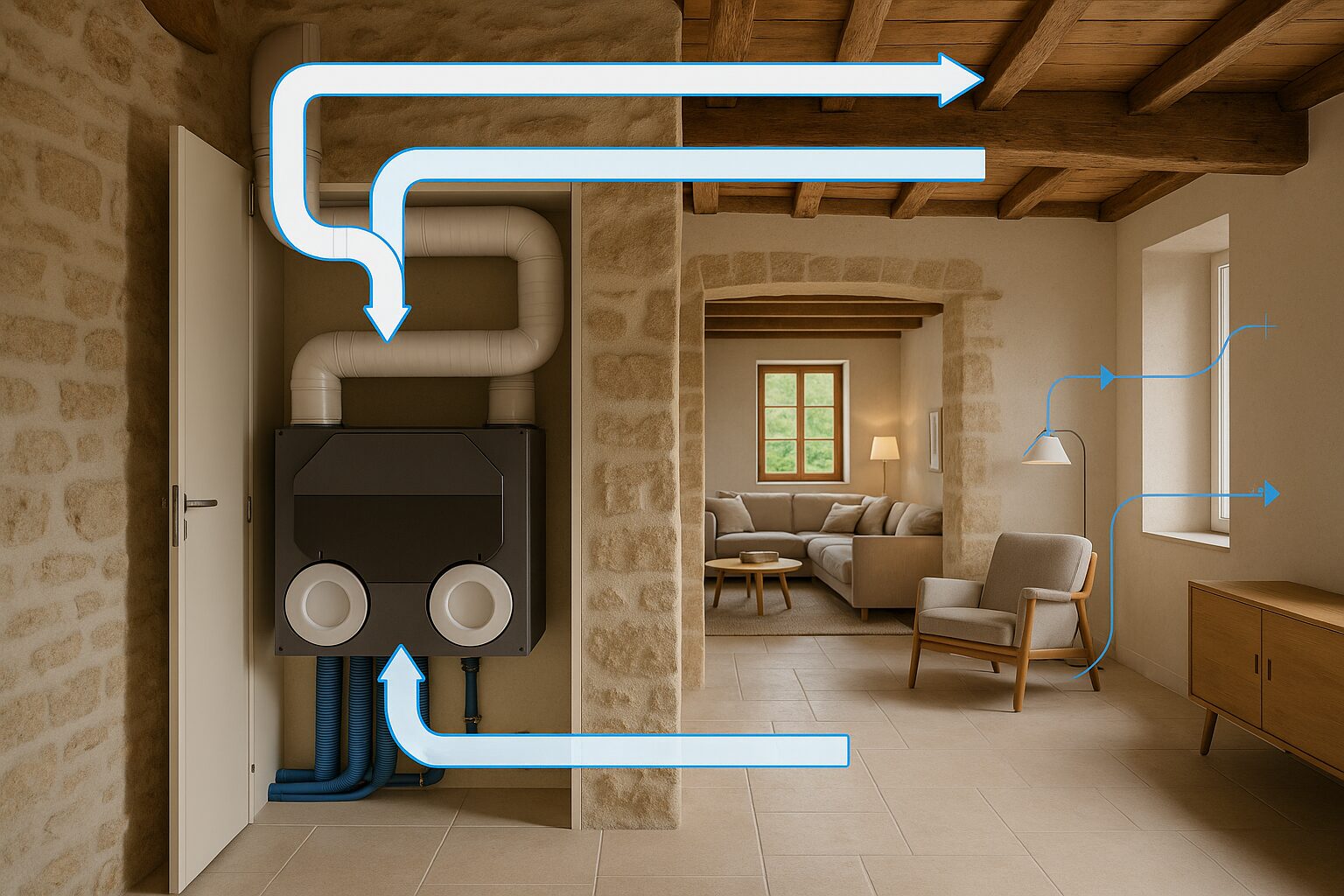Maison rénovée avec VMC double flux discrète et réseau aéraulique propre