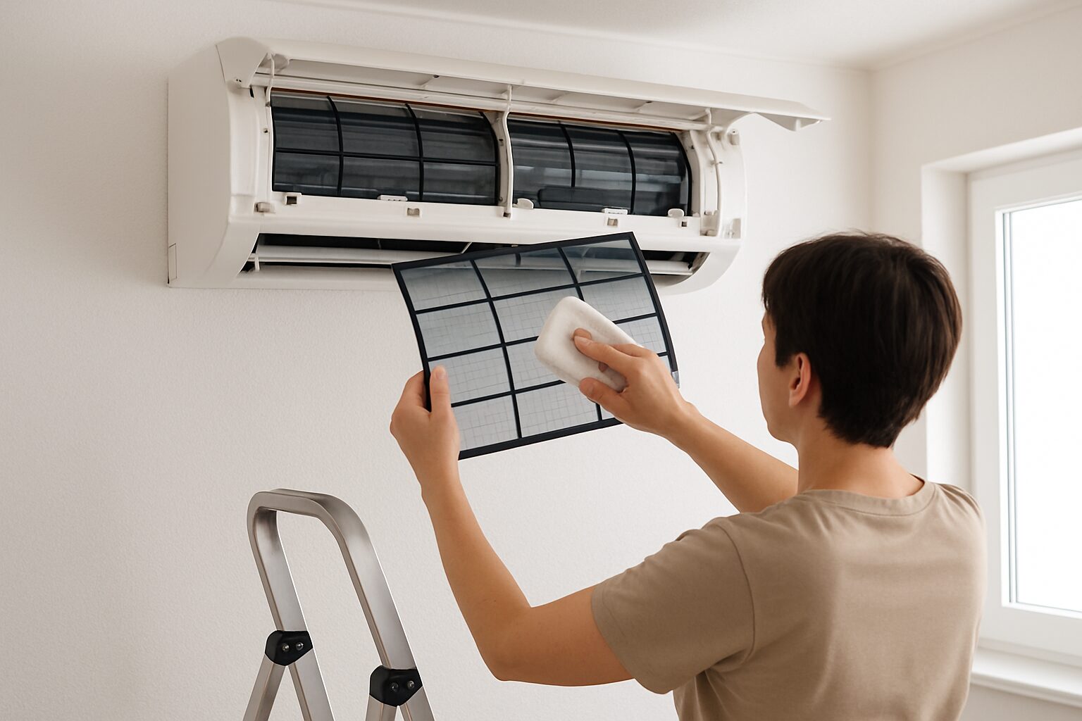 Nettoyage d’un filtre de climatisation réversible dans le séjour.