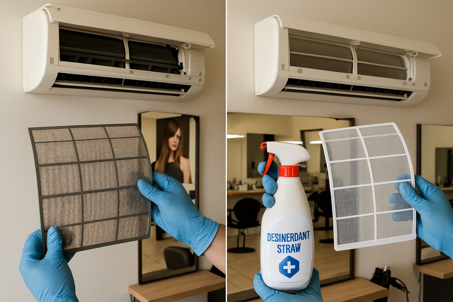 Nettoyage et désinfection des filtres d’une clim dans un salon à Moissac