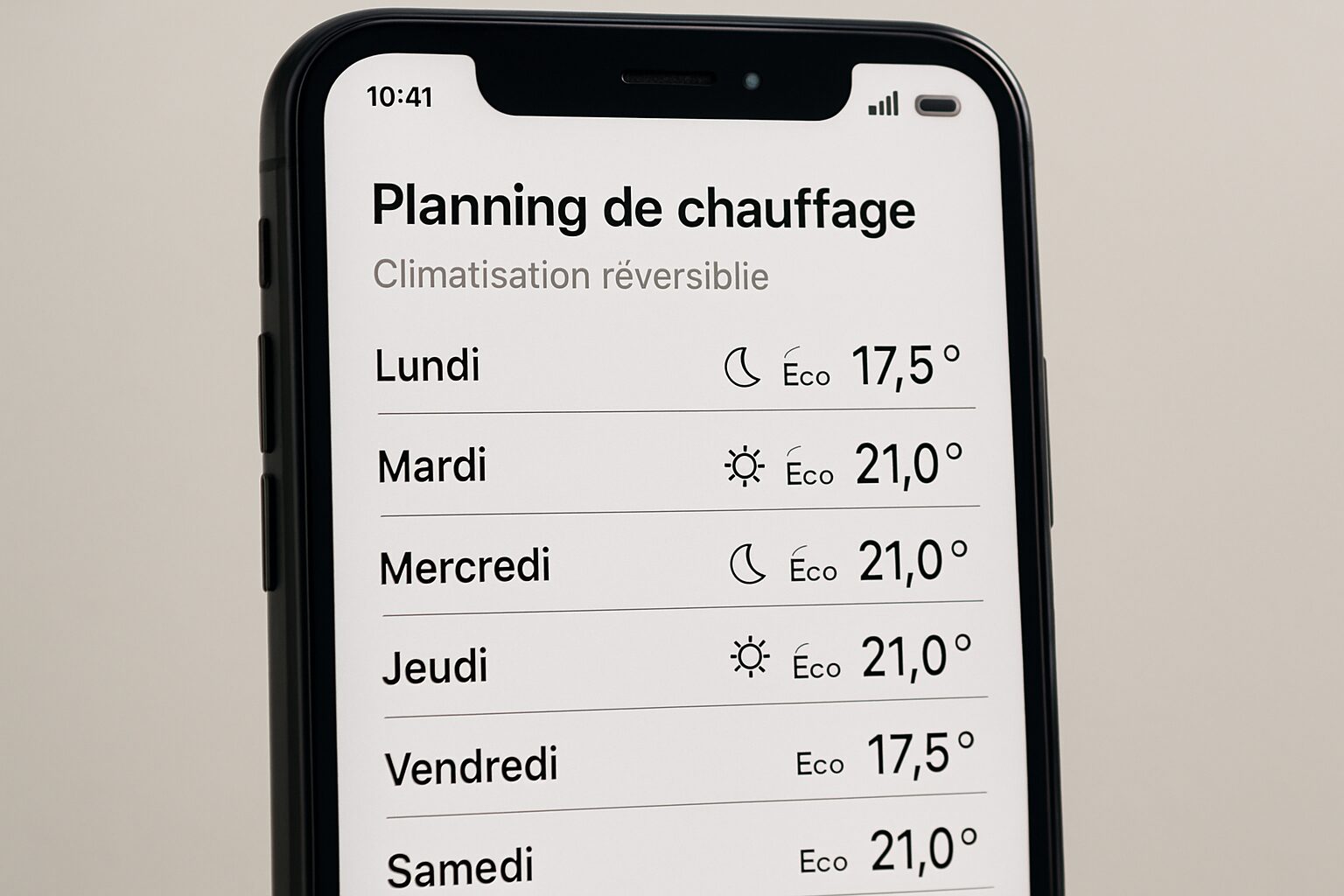 Programmation hebdomadaire éco sur une application de clim réversible
