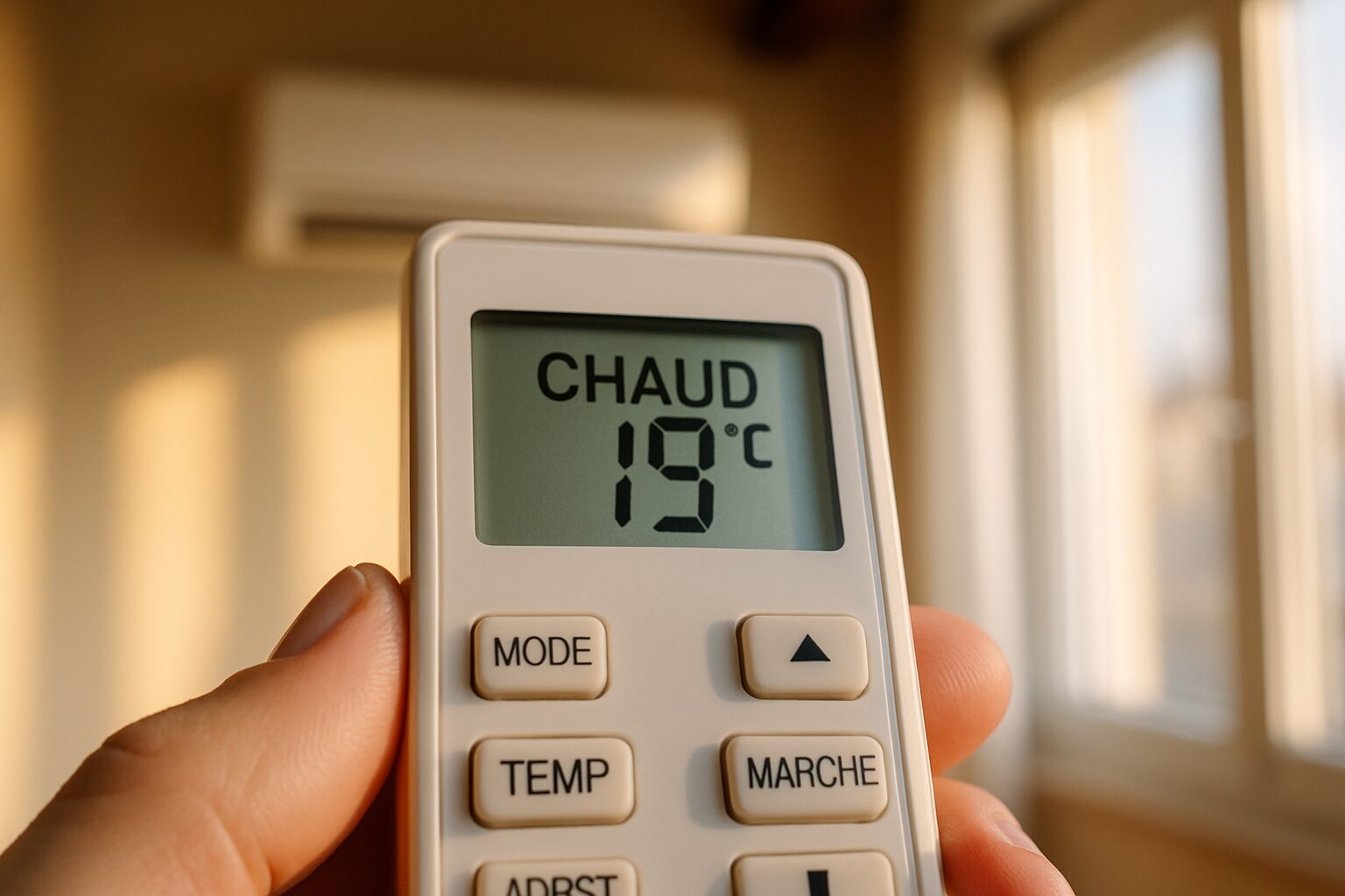 Télécommande de clim réversible réglée à 19 °C en mode chauffage