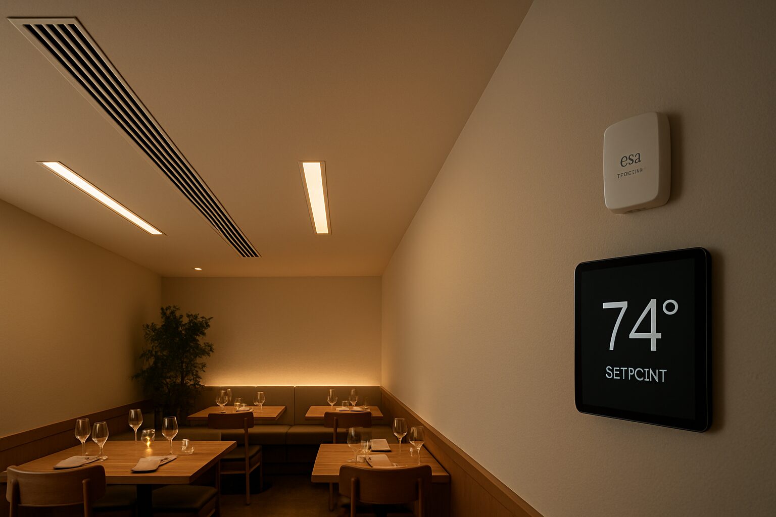 Diffuseurs linéaires et capteur CO₂ pour une salle de restaurant bien ventilée