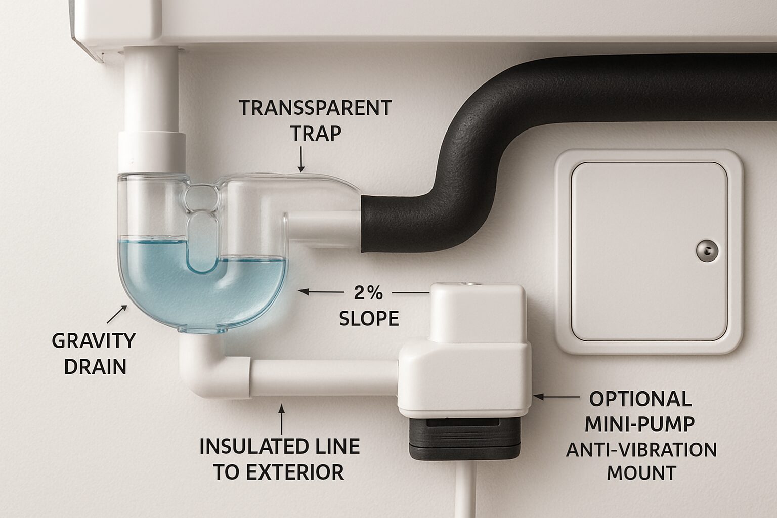Évacuation des condensats de clim avec siphon et pente réglementaire