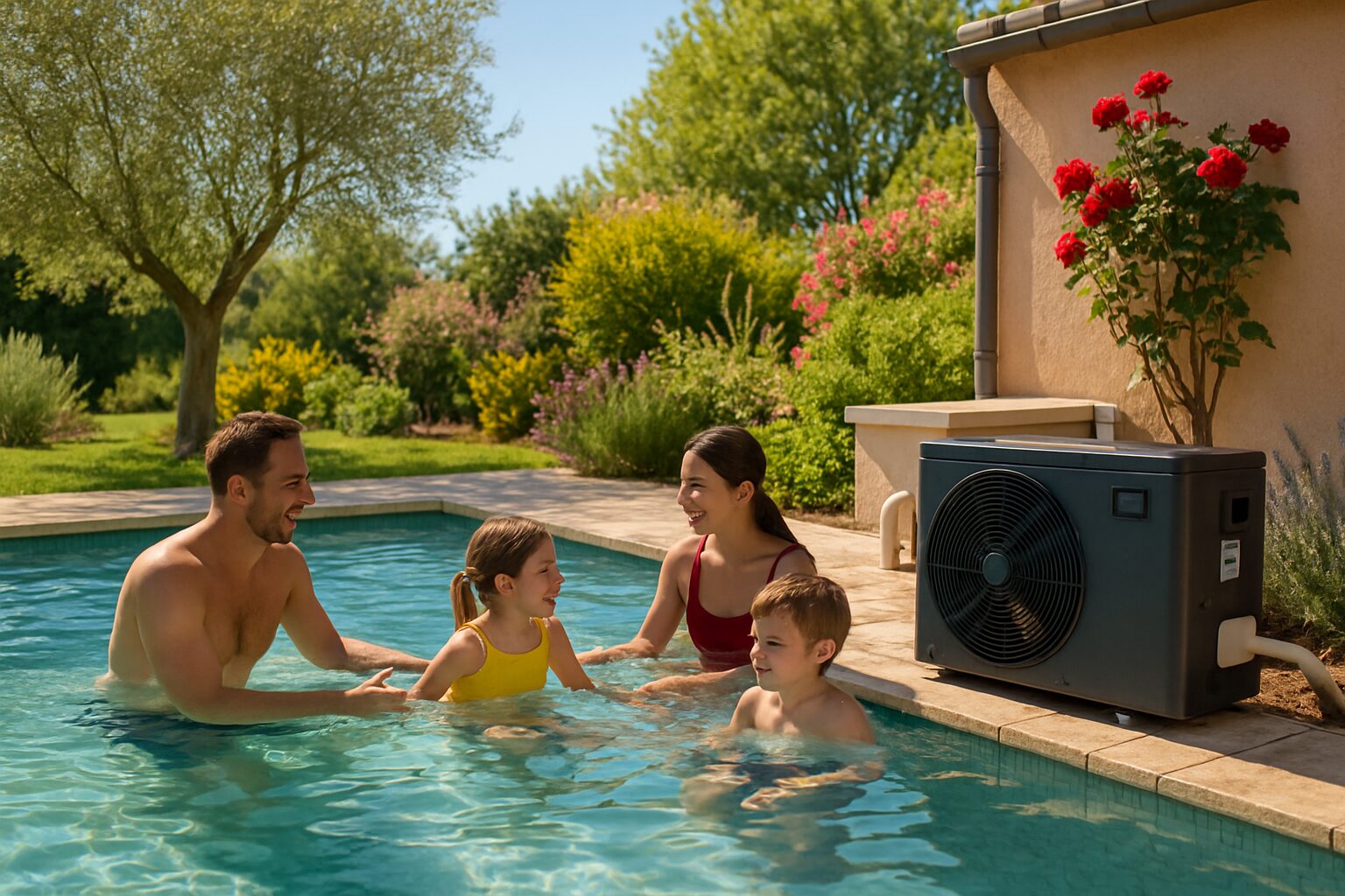 Famille profitant d’une piscine chauffée par PAC en Tarn-et-Garonne.
