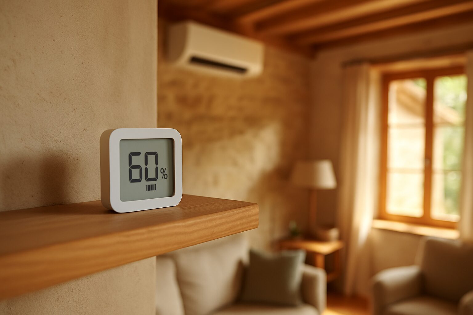 Hygromètre affichant 60 % d’humidité relative près d’une clim en Tarn-et-Garonne