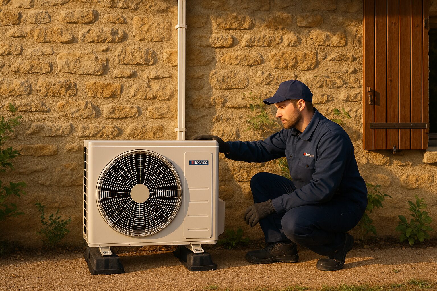 Technicien AES Clim 82 installant une unité extérieure à Montauban