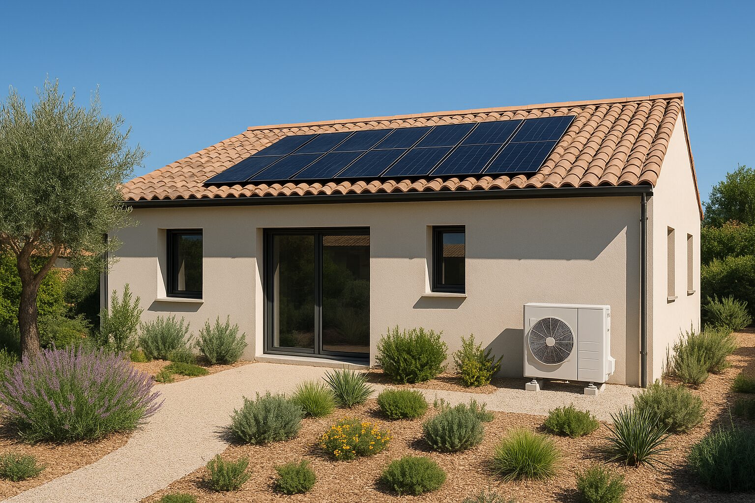 Maison près de Montauban avec panneaux photovoltaïques et unité extérieure de pompe à chaleur