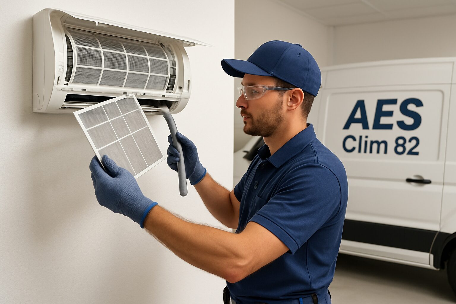 Technicien AES Clim 82 réalisant l’entretien d’une climatisation