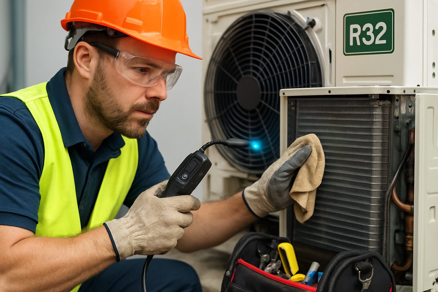 Maintenance d’une unité extérieure R32 par un technicien spécialisé