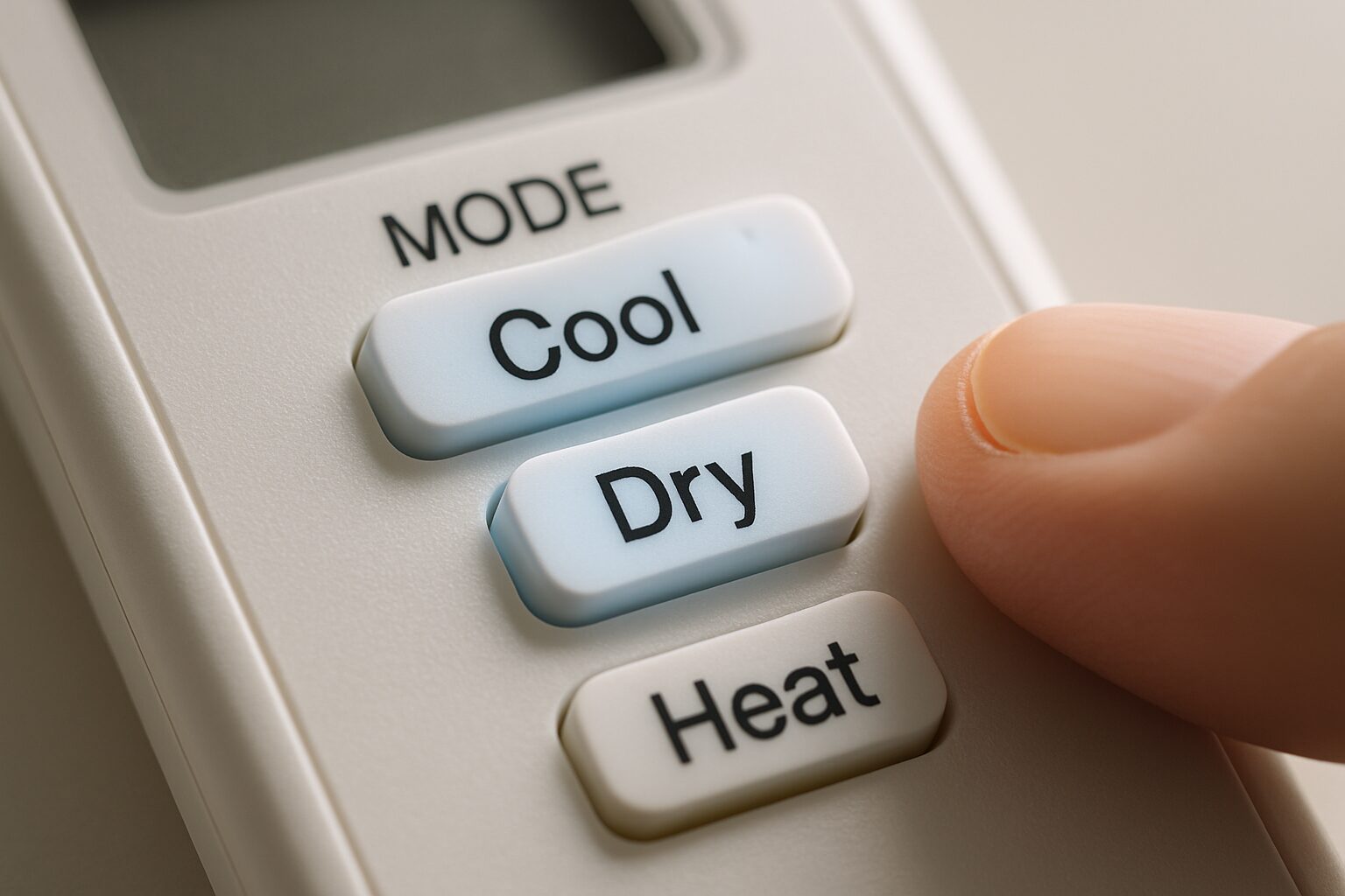 Télécommande de clim avec modes Cool et Dry en gros plan