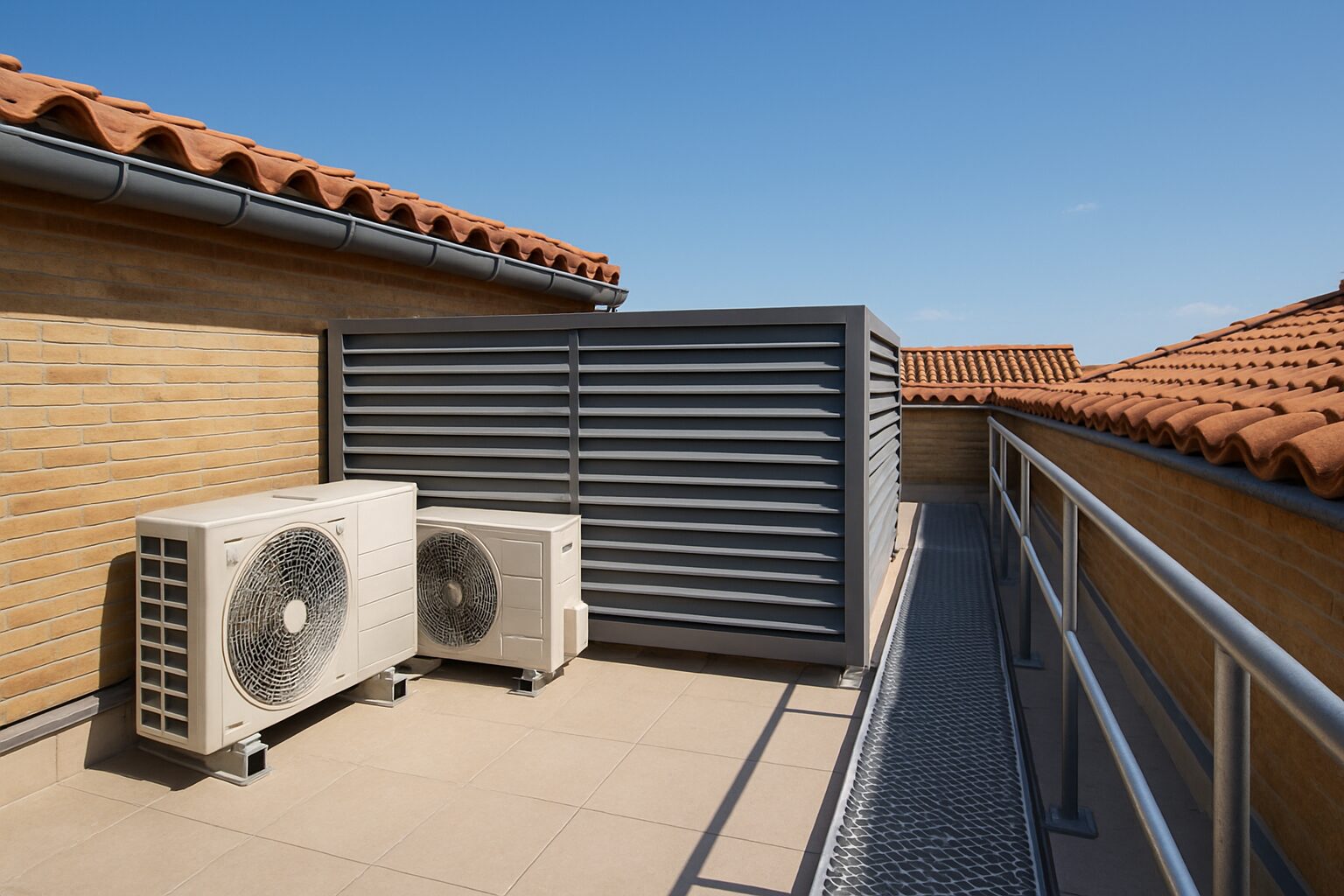 Groupes extérieurs sur toiture-terrasse, masqués par un écran brise-vue