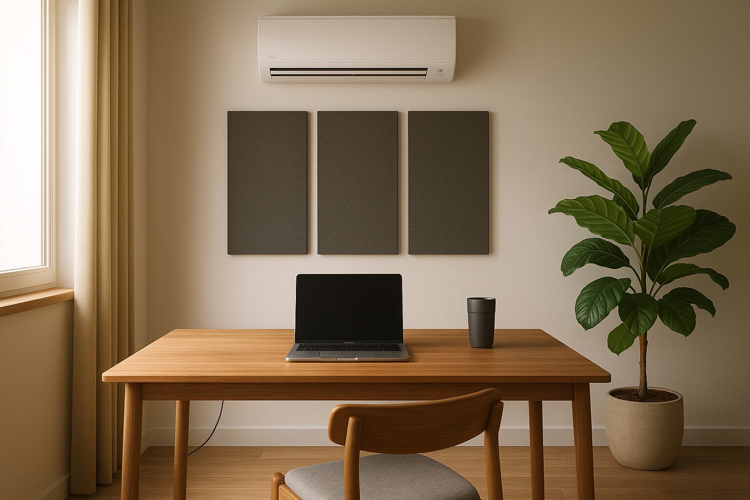 Bureau à domicile avec split mural silencieux, lumière naturelle et ambiance apaisée