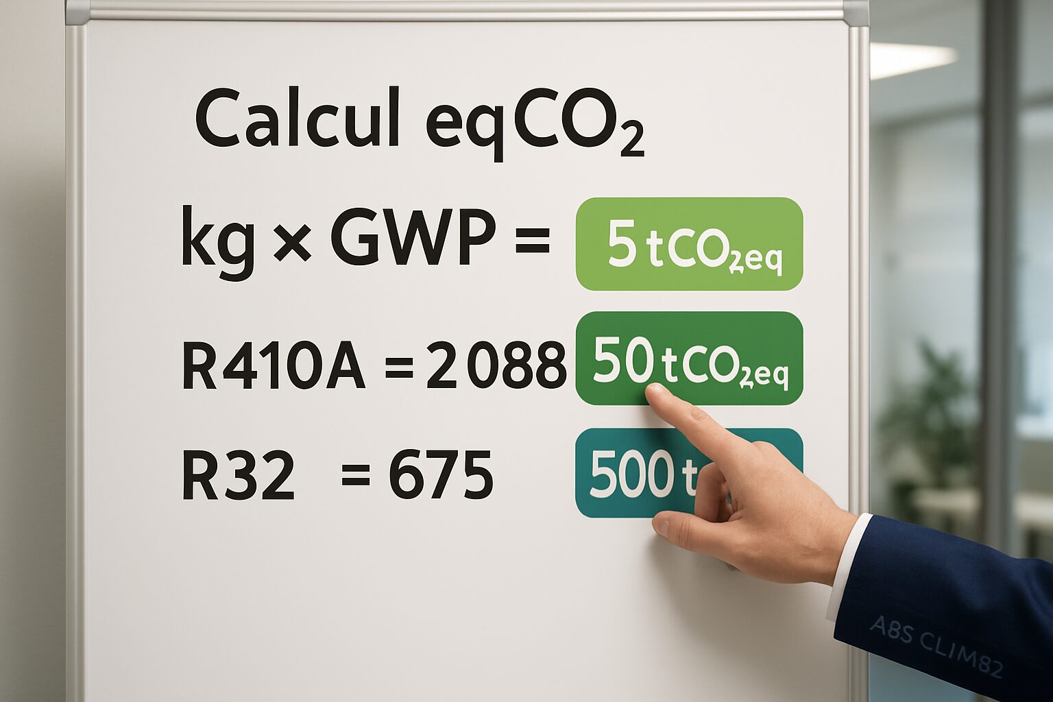 Infographie calcul eqCO2 avec exemples R410A et R32