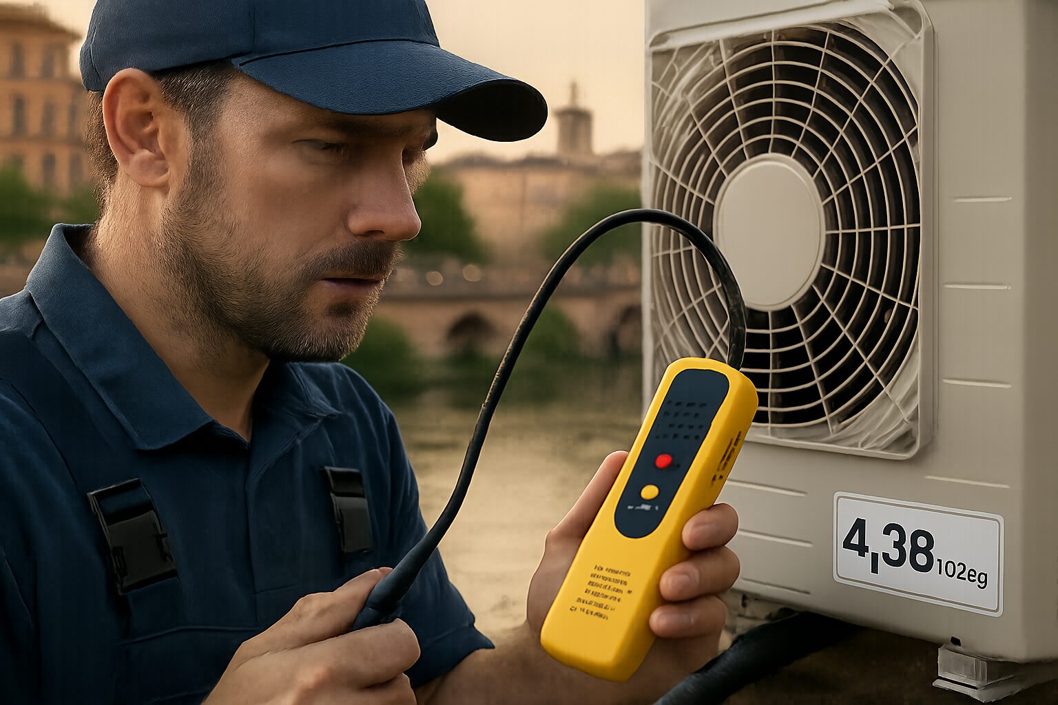 Technicien détectant une fuite sur multisplit avec étiquette tCO2eq