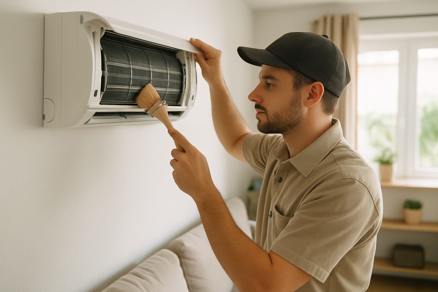 Technicien AES Clim 82 nettoyant le filtre d’une unité intérieure de climatisation