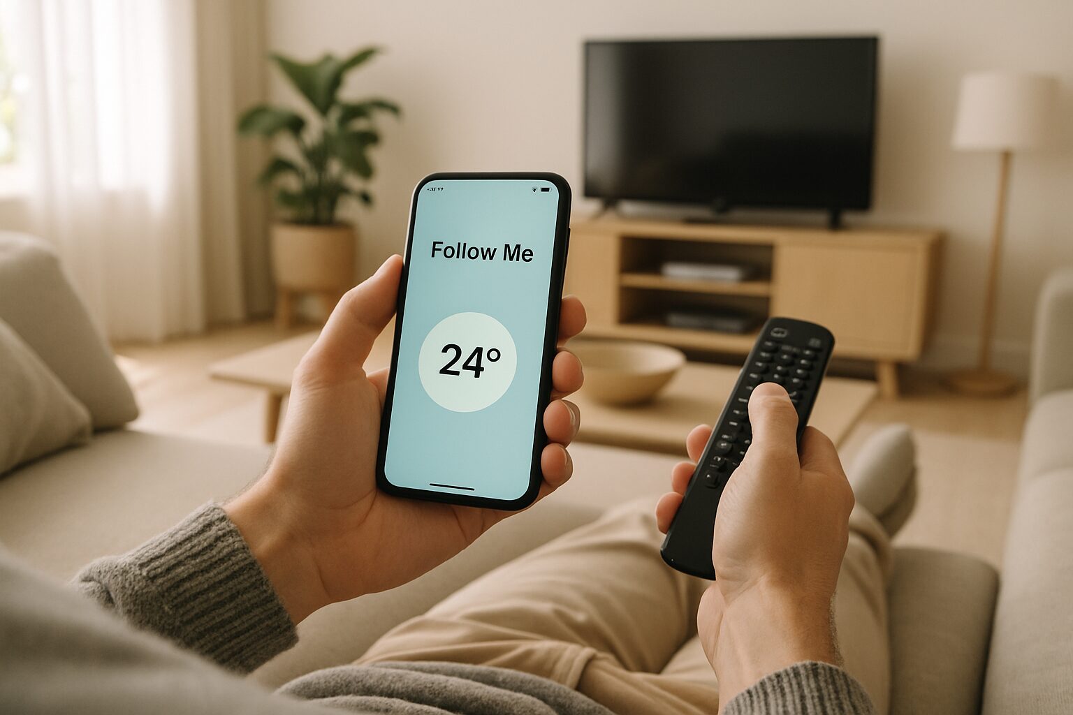 Fonction Follow Me active depuis la télécommande et l’application dans un salon à Montauban