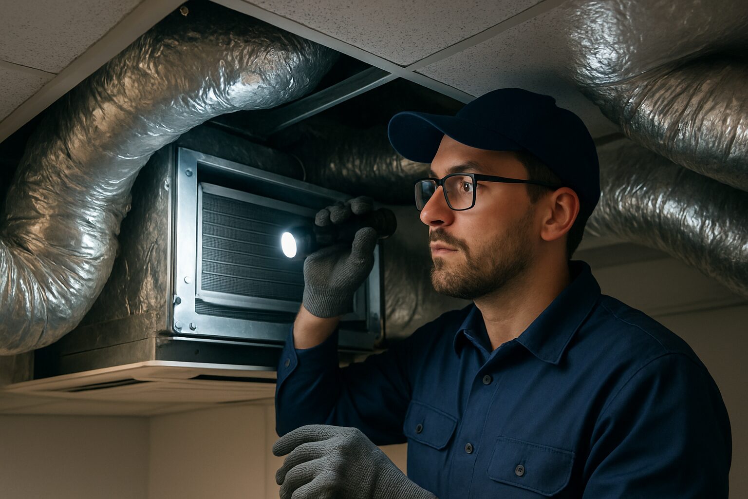 Technicien inspectant le plénum et les gaines d’un gainable à Montauban