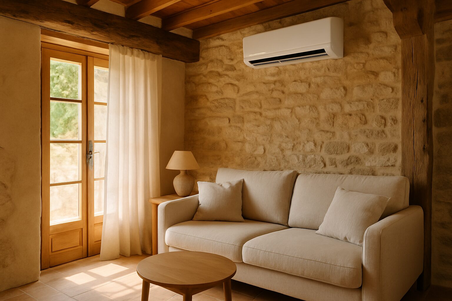 Intérieur d’un gîte avec split mural discret au-dessus du séjour