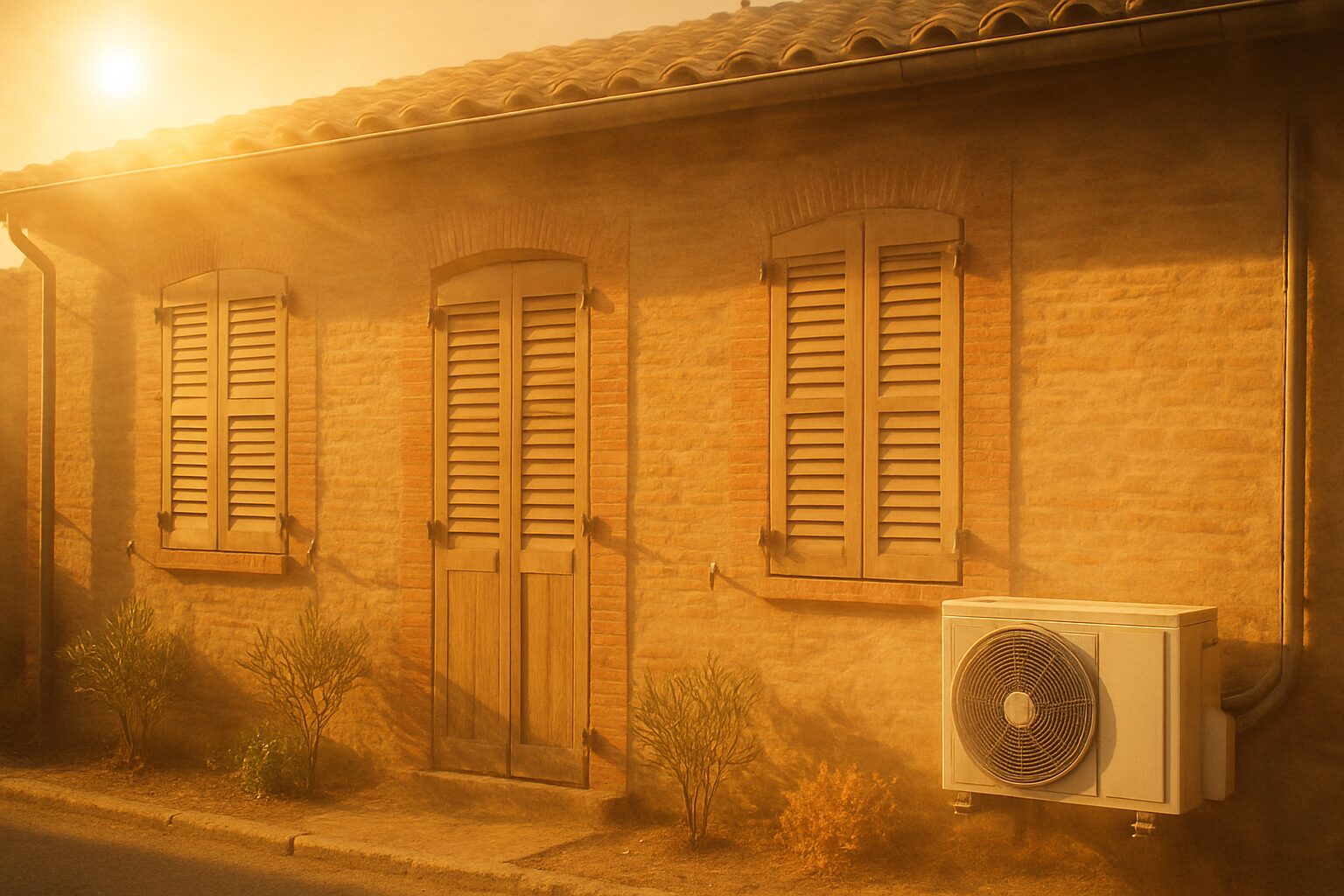 Maison à Montauban pendant la canicule avec volets fermés et unité extérieure de climatisation