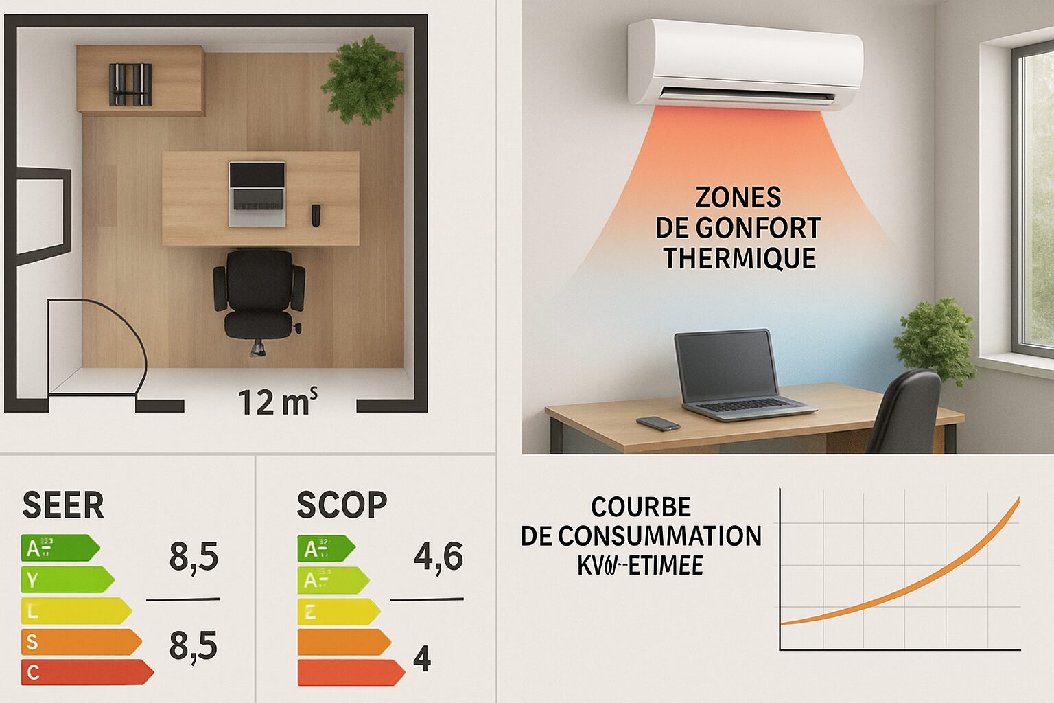 Plan d’un bureau de 12 m² avec l’emplacement optimal du split mural et consommation estimée
