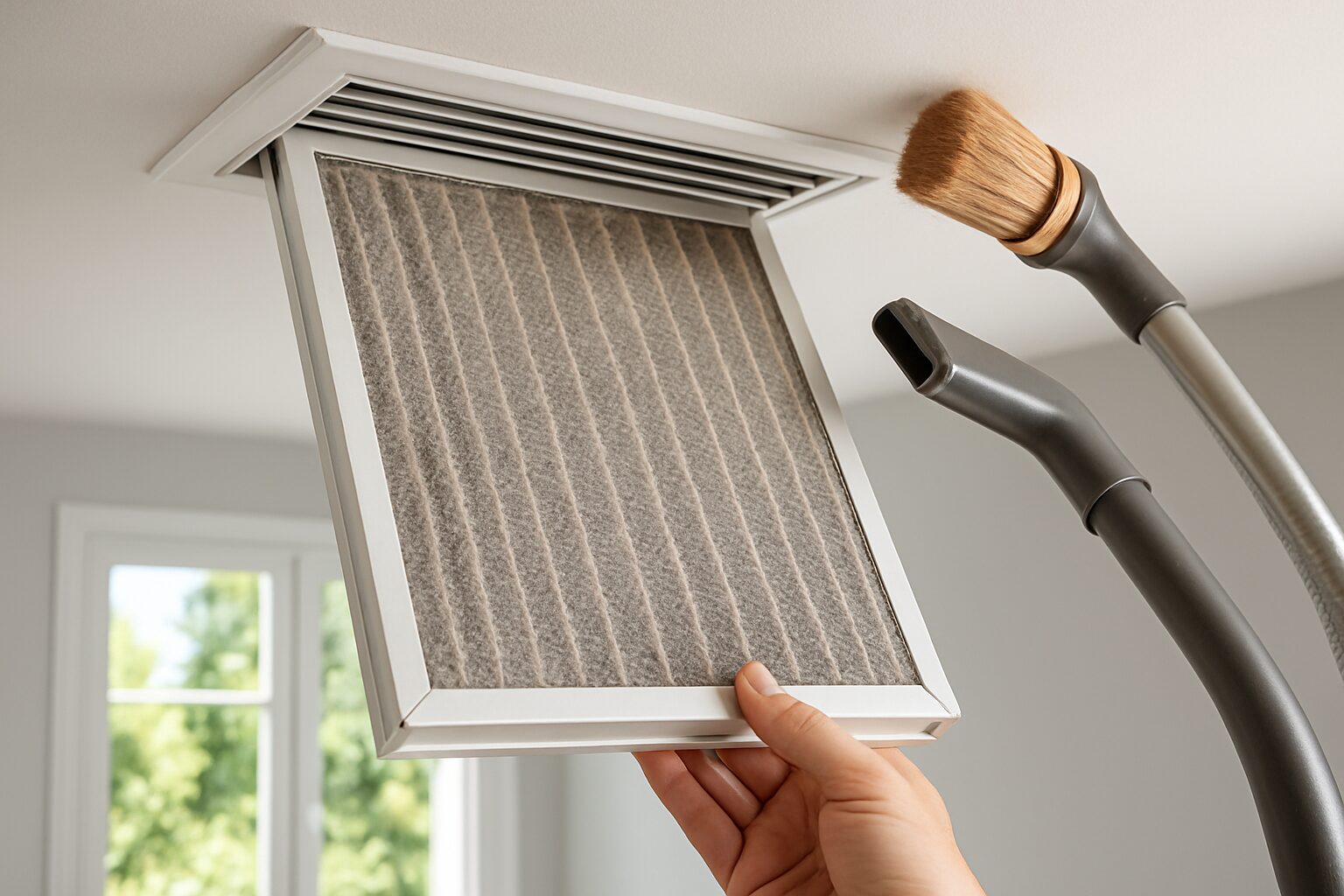Retrait du filtre lavable d’une grille de reprise gainable avec brosse et aspirateur